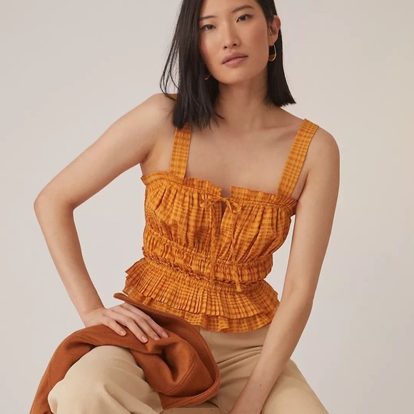 Current Air Tops - Current Air Women’s Yellow Orange Plaid Cropped Ruffle Tank Size Medium